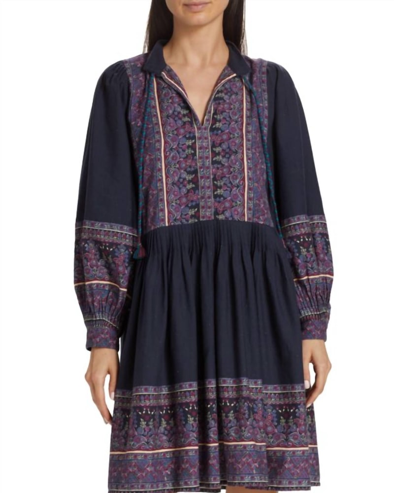 Front of a model wearing a size LARGE Adella Printed Tunic Dress In Iris in Iris by SEA. | dia_product_style_image_id:351508
